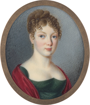 Lot 6419, Auction  125, Neureuther, Ludwig, Miniatur Portrait einer jungen Frau in grünem Kleid mit rotem Schal