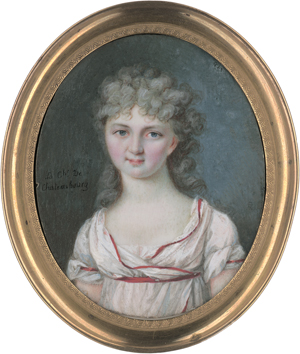 Lot 6428, Auction  125, Deutsch, um 1798/1800. Miniatur Portrait einer jungen Frau in rotgerändertem, weißem Kleid