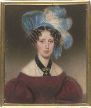Lot 6447, Auction  125, Anreiter, Alois von, Miniatur Portrait einer jungen Frau mit blauem Federhut, in bordeauxrotem Kleid