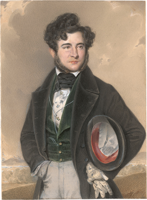 Lot 6547, Auction  125, Saar, Karl von, Porträt eines eleganten Herren im schwarzen Frack mit dunkelgrüner Weste und Hut