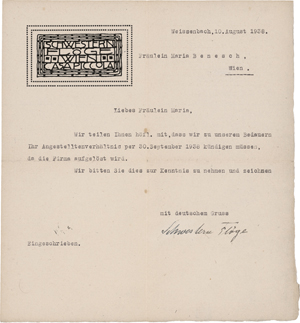 Lot 6573, Auction  125, Modesalon Schwestern Flöge, Kündigungsschreiben mit Unterschrift