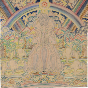 Lot 6588, Auction  125, Gröning, Karl, Kostümentwurf: Königin auf ihrem Thron in einer tropischen Landschaft mit Elefanten