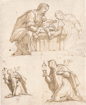 Lot 6706, Auction  125, Italienisch, 17. Jh. Skizzenblatt mit der mystischen Vermählung der hl. Katharina