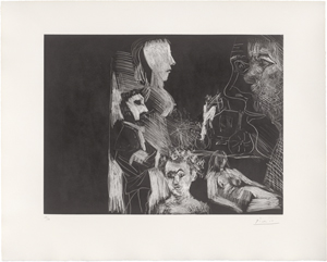 Lot 7199, Auction  125, Picasso, Pablo, Jeune couple, vieux couple, spectateur, avec un carrosse au fond