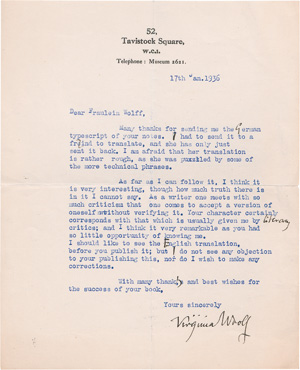 Lot 2551, Auction  126, Woolf, Virginia, Brief an Charlotte Wolff. 1936