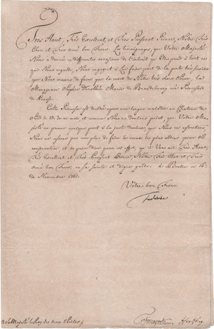 Lot 2580, Auction  126, Friedrich II., der Große, König von Preußen, Brief an Ferdinand IV., König beider Sizilien. 1765.