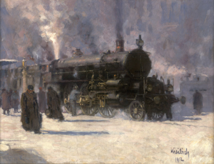 Lot 6206, Auction  126, Kreibich, Vilém, Vor der Abfahrt: Dampfende Lokomotive am winterlichen Gleis