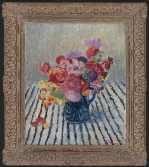 Los 6215 - Slavona, Maria - Blumenstilleben auf einem Tisch mit gestreiftem Tischtuch - 1 - thumb