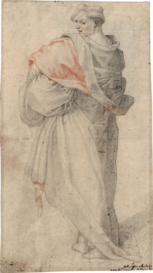 Lot 6513, Auction  126, Florentiner Schule, 16. Jh. . Rückenfigur eines Nobile im weiten Mantel mit Barett