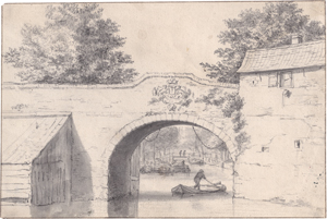 Lot 6529, Auction  126, Niederländisch, 17. Jh. Blick in eine Gracht mit Steinbrücke