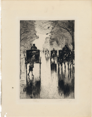 Lot 7028, Auction  126, Ury, Lesser, Regennasse Tiergartenallee mit Pferdedroschken: Dame mit Schirm überquert die Straße