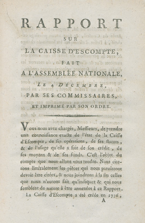 Lot 530, Auction  127, Lavoisier, Antoine Laurent, Rapport sur la caisse d'escompte, fait à l'Assemblée Nationale