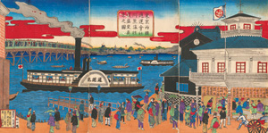 Los 661 - Shigekiyo, Utagawa und Yokohama-e - Hafenszene mit Raddampfern. Tokyo Ryogoku tsuun kaisha kowa joki ofuku seiei shinkei no zu - 0 - thumb