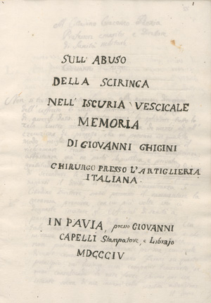 Lot 1046, Auction  127, Ghigini, Giovanni, Sull’abuso della sciringa nell’iscuria vesicale. Italienische Handschrift auf Papier