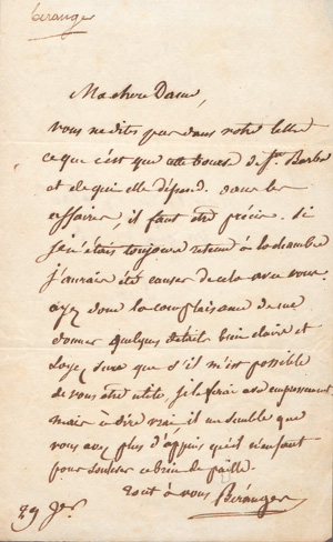 Lot 2505, Auction  127, Béranger, Pierre-Jean de, Brief an Mad. Roland in Paris. Um 1850