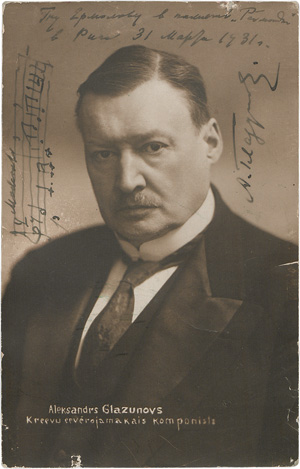 Lot 2629, Auction  127, Glasunow, Alexander, Signierte Porträtfoto-Postkarte mit Musikzitat. 1931