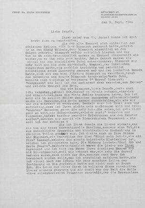 Lot 2647, Auction  127, Pfitzner, Hans, Brief an die Sängerin Maria Ivogün. 1940