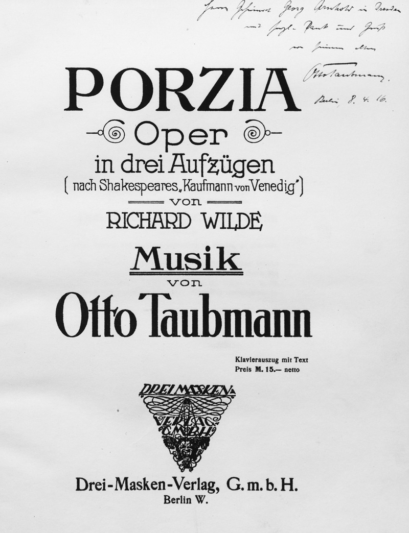 Lot 465, Auction 127, Taubmann, Otto, Porzia. Oper in drei Aufzügen