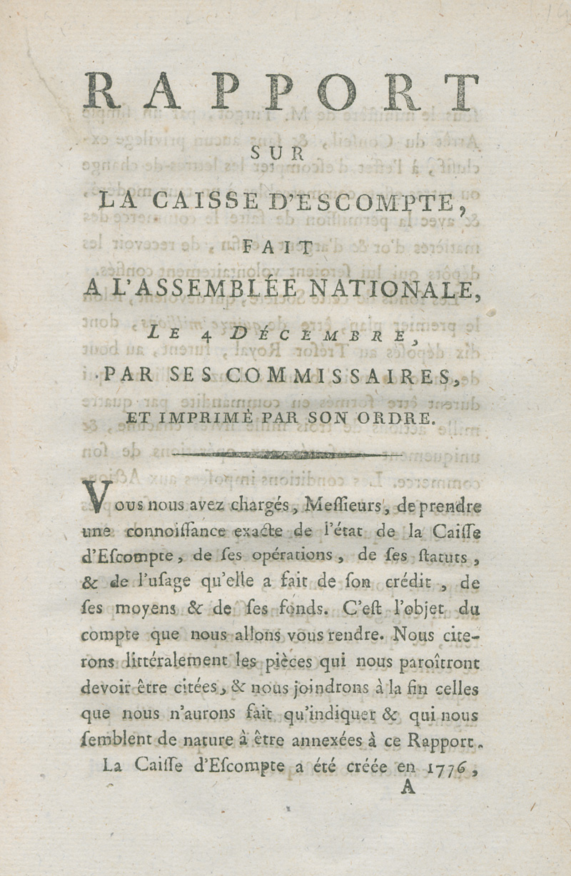 Lot 530, Auction  127, Lavoisier, Antoine Laurent, Rapport sur la caisse d'escompte, fait à l'Assemblée Nationale