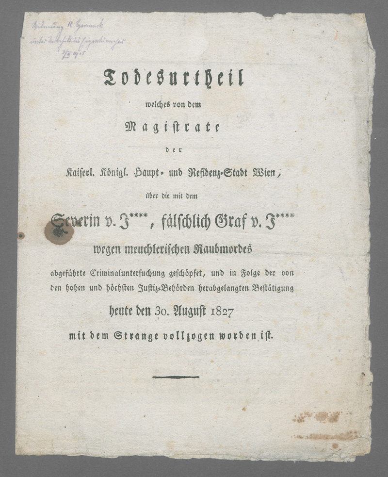 Lot 558, Auction 127, Todesurtheil, welches von dem Magistrate der kaiserl. Königl. Haupt- und Residenz-Stadt Wien