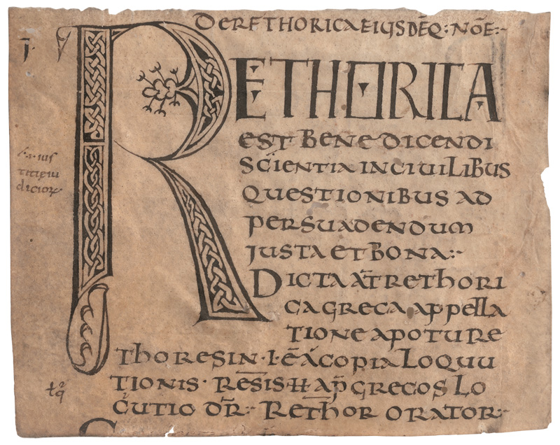 Lot 1001, Auction  127, Rhetorica, De retorica eiusdemque nomen". Incipit-Fragment einer lateinischen Handschrift auf Pergament. 