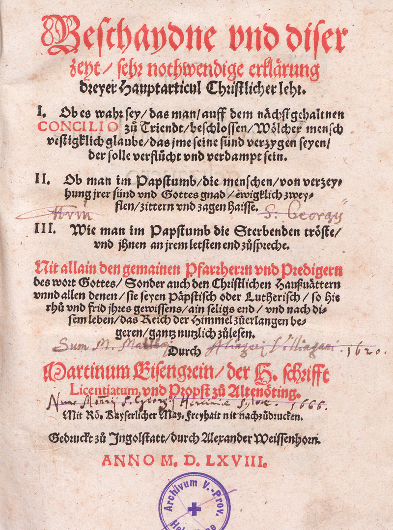 Lot 1113, Auction 127, Eisengrein, Martin, Beschaydne und diser zeyt, sehr nothwendige erklärung dreyer Hauptarticul Christlicher lehr