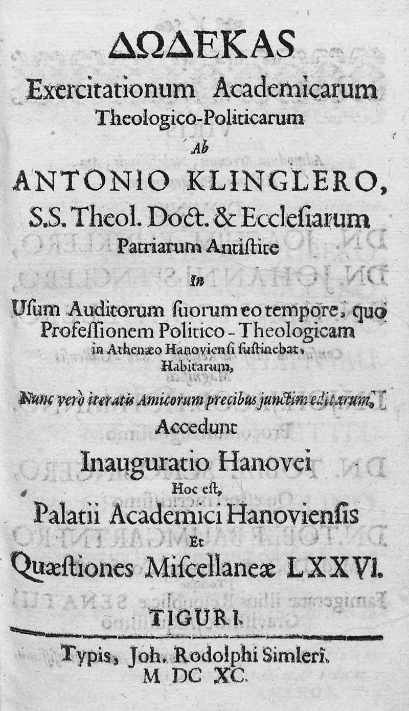 Lot 1253, Auction 127, Klingler, Anton, Dodekas Exercitationum Academicarum Theologico-Politicarum
