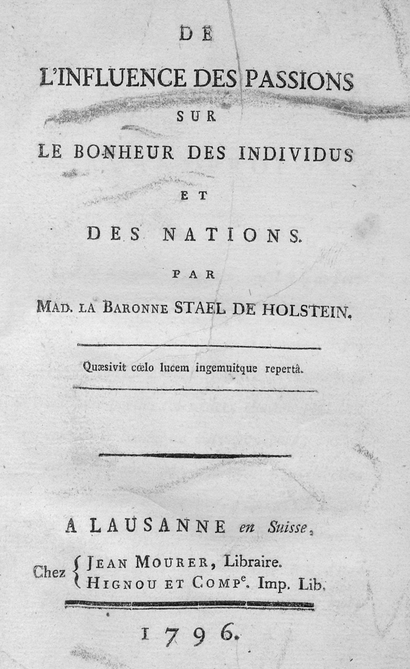 Lot 2156, Auction 127, Staël-Holstein, Anne-Louise-Germaine, De l'influence des passions sur le bonheur des Individus et des nations