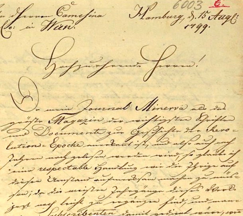 Lot 2502, Auction 127, Archenholtz, Johann Wilhelm von, Brief an den Verleger Camesina in Wien. 1799