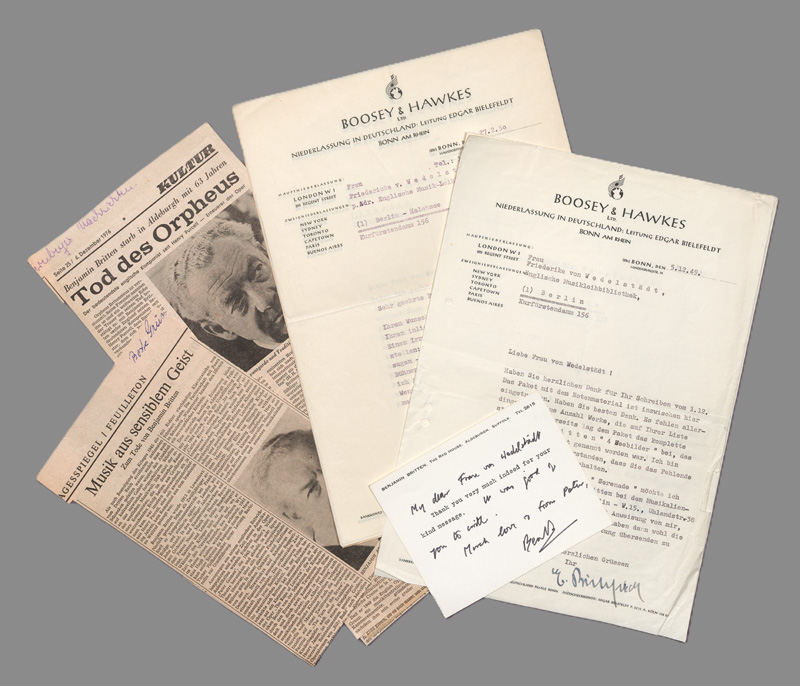 Lot 2620, Auction 127, Britten, Benjamin, Billett auf einer Karte + zahlreiche Beilagen. 1949-1979.