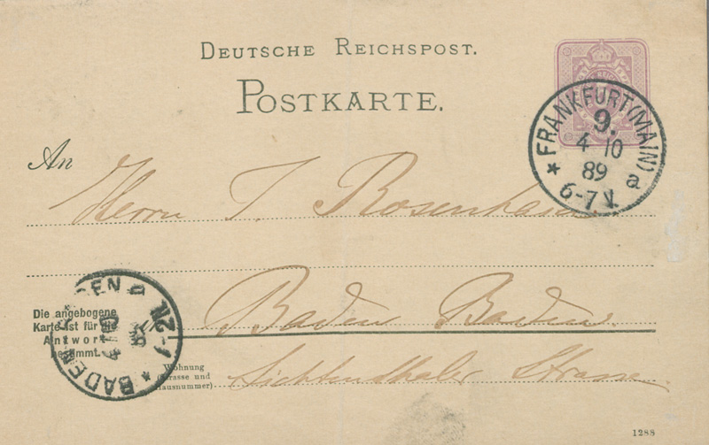 Lot 2651, Auction 127, Schumann, Clara, Postkarte nach Baden-Baden. 1889