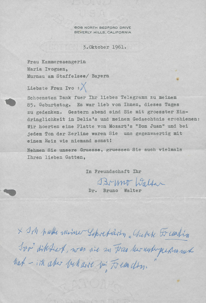 Lot 2659, Auction 127, Walter, Bruno, Brief an die Sängerin Maria Ivogün in Murnau. 1961