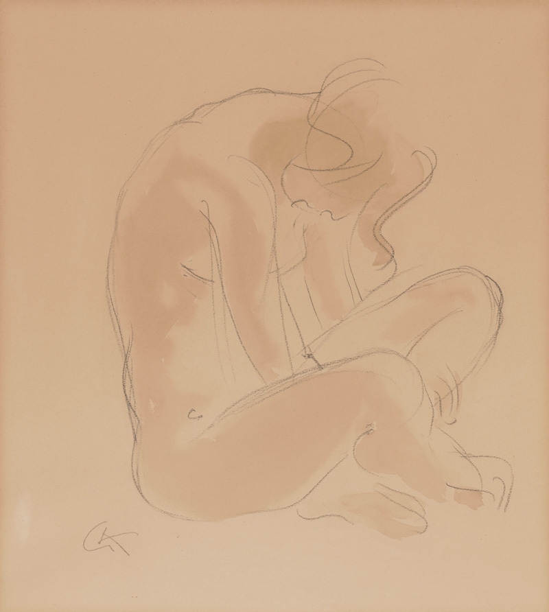 Lot 3189, Auction 127, Kolbe, Georg, Kauernder Akt. Bleistift mit Sepiatusche auf Papier.